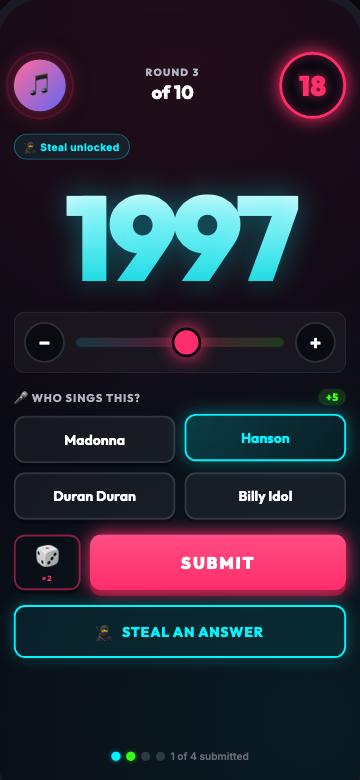 Gameplay screen: round 3 of 10, an 18 second timer ring, the year 1997 in neon cyan on a slider, four artist tiles and a pink Submit button
