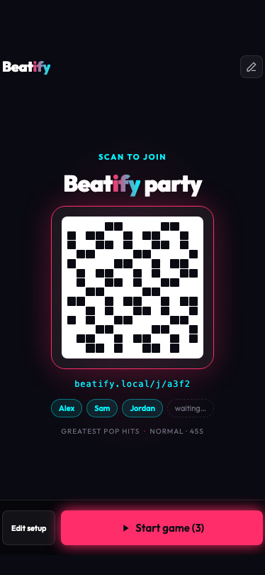 Lobby screen: the Beatify party QR code in a pink glowing frame, the join link, player chips Alex, Sam and Jordan, and a Start game button